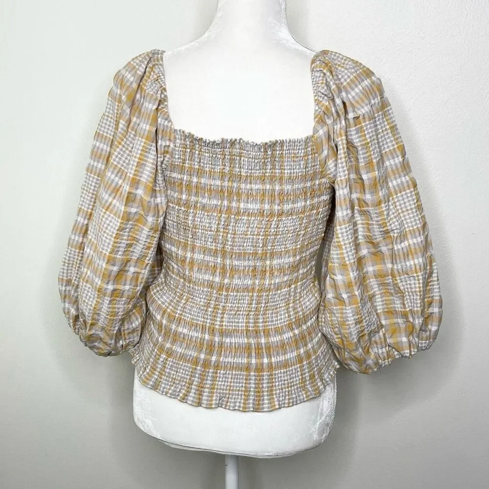 Anthropologie Yellow and White Plaid Puff-Sleeve Square Neck Top